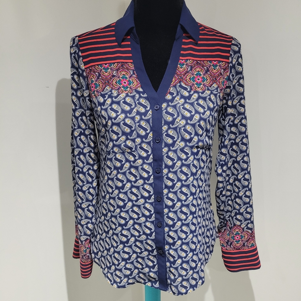 Express Women's Portofino Slim Fit Boho Paisley Button Up Shirt XS Blue Red